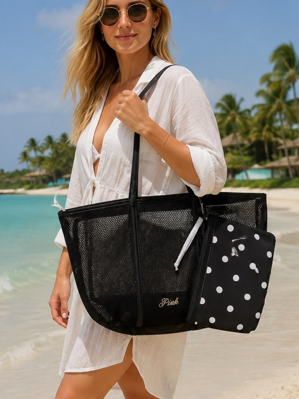 PINK Victoria's Secret Black Mesh Tote with White Handles